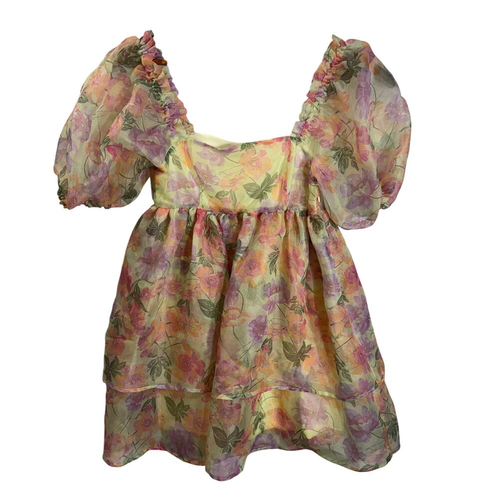 C & V Chelsea Violet Organza Short Puff Sleeve Babydoll Dress Rose Bloom Size XS